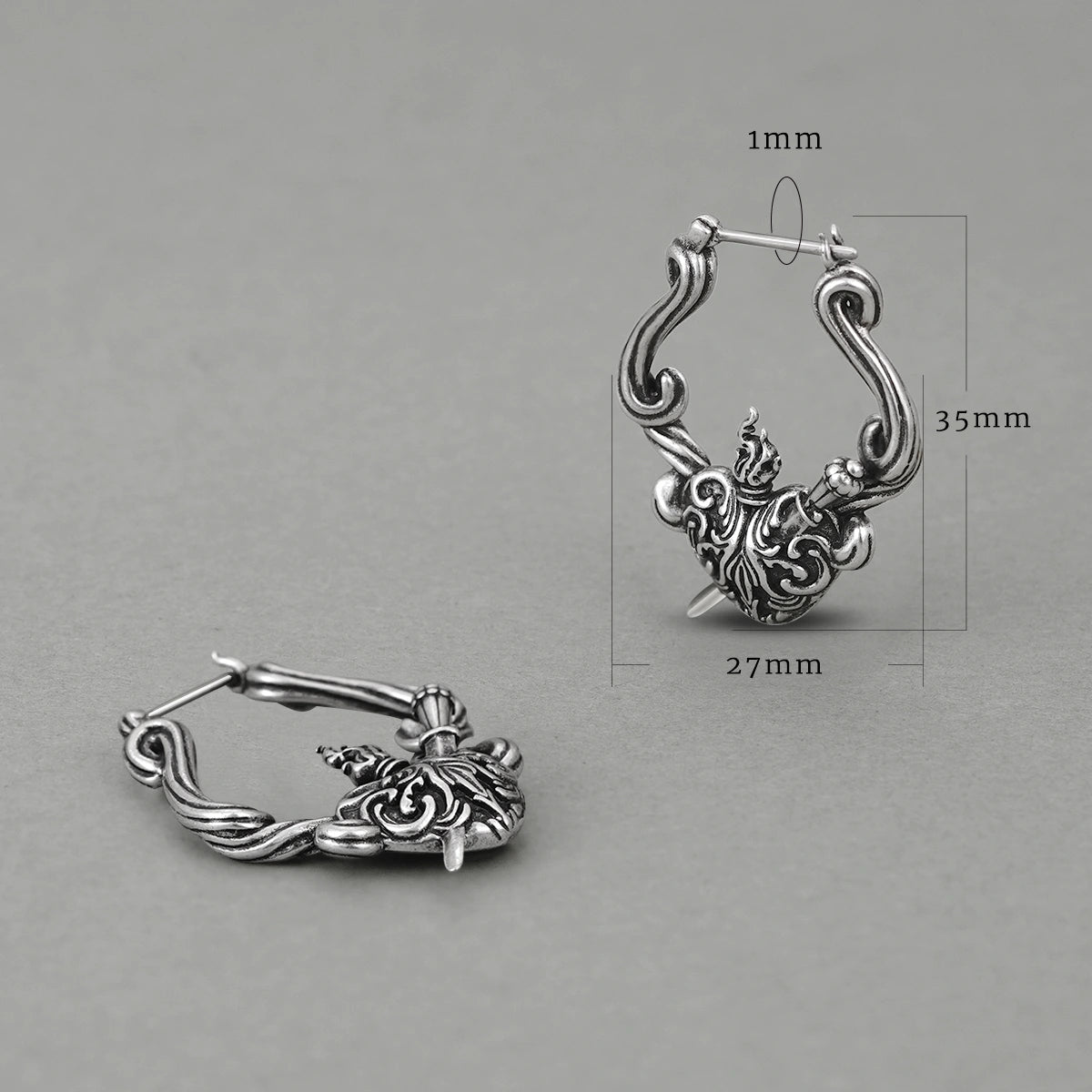 Silver Passionate Heart hoop earring shown upright and flat with dimensions