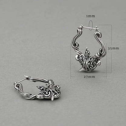 Silver Passionate Heart hoop earring shown upright and flat with dimensions