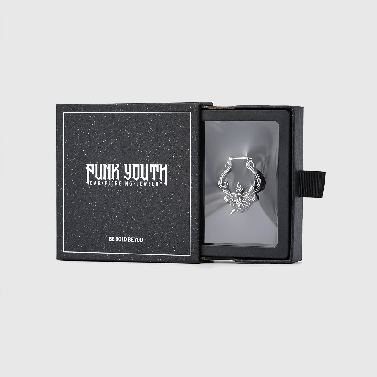 Silver Passionate Heart hoop earring presented in a black jewelry box