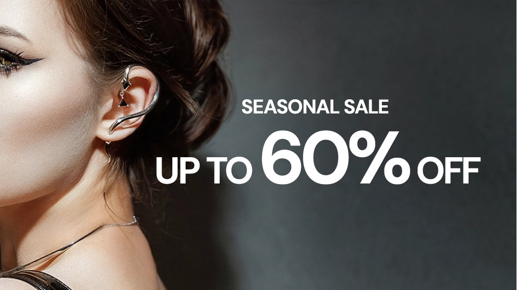 Woman with stylish makeup and accessories, promotional text for seasonal sale on a dark background