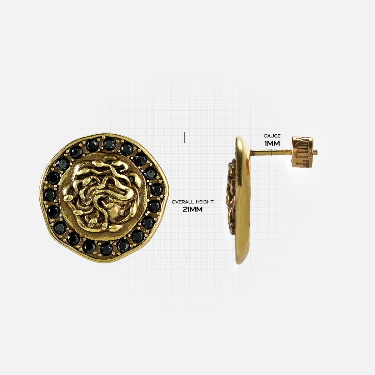 petrified nocturne ear studs in gold shown in a size detail view, featuring medusa-inspired ear studs framed with obsidian and measurements