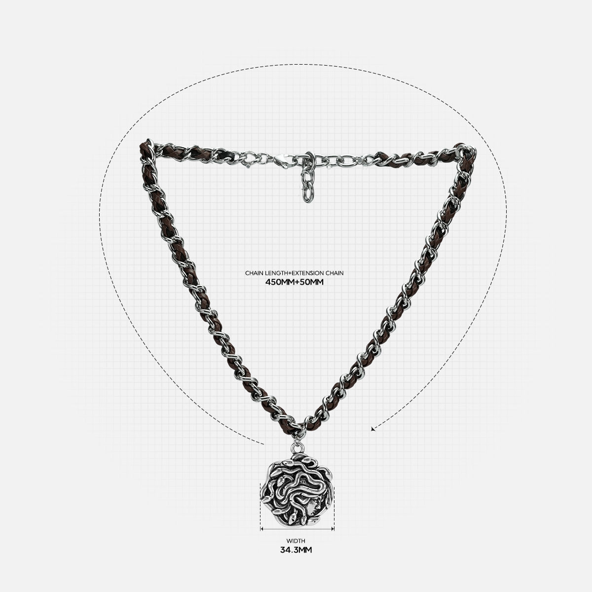 petrified power necklace in silver shown in a size detail view, featuring a medusa-inspired pendant on a braided chain with measurements