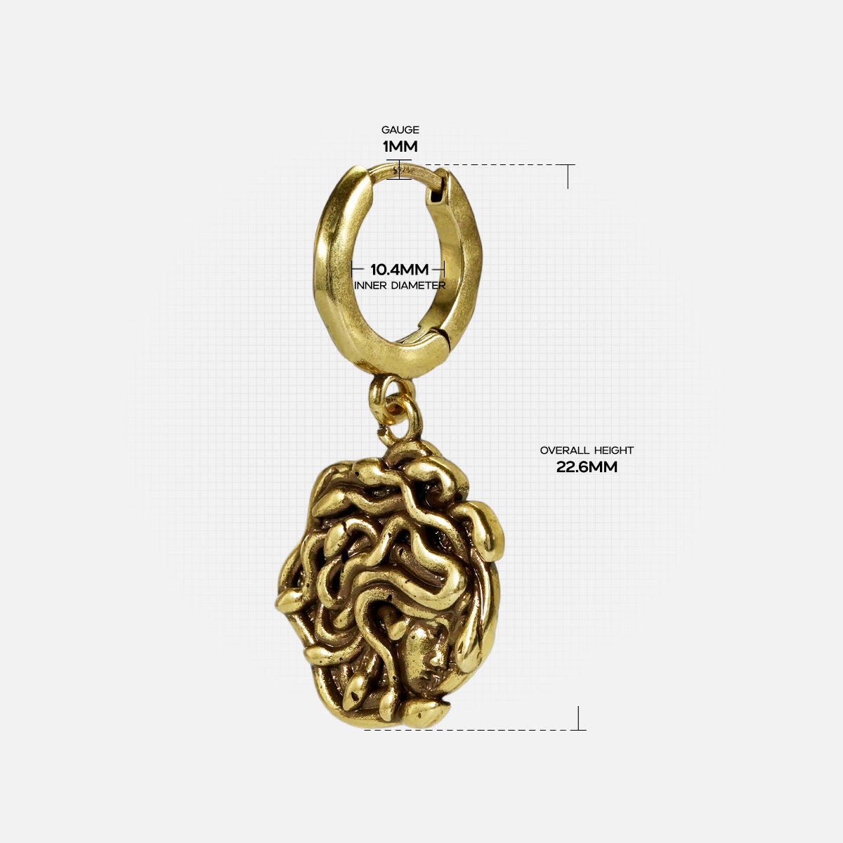 petrifying gaze dangle earrings in gold shown in a size detail view, featuring medusa-inspired dangle earrings with sculptural snake details and measurements