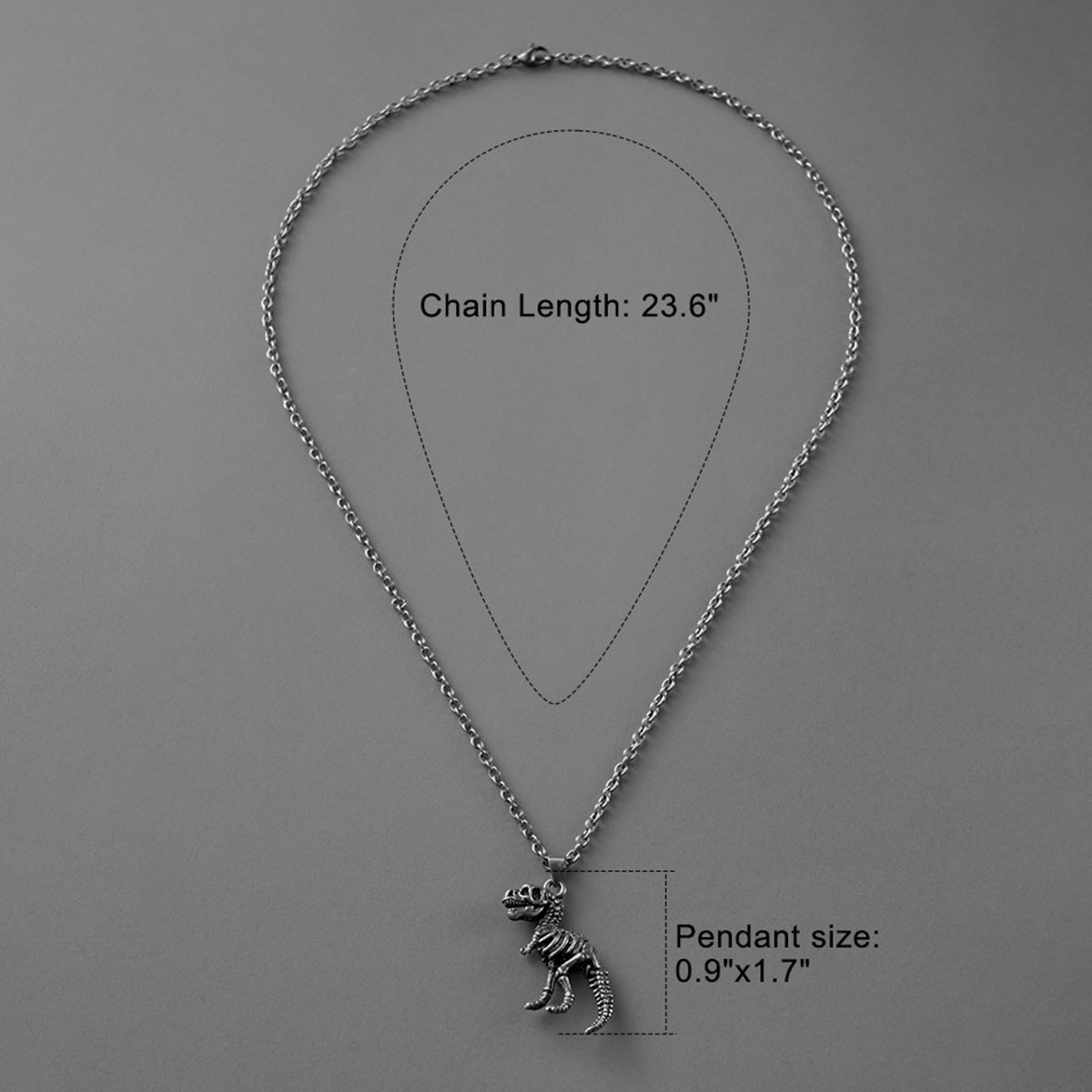 Silver Prehistoric Power necklace with chain length and pendant measurements