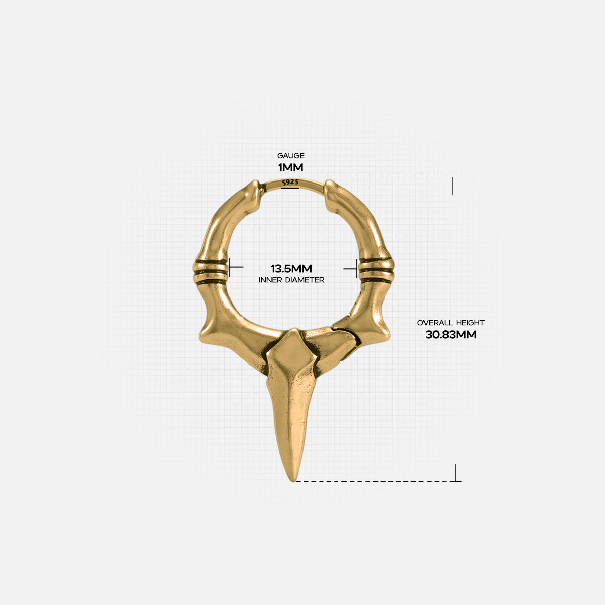Primal Blade Earrings size guide showing hoop diameter and blade point proportions