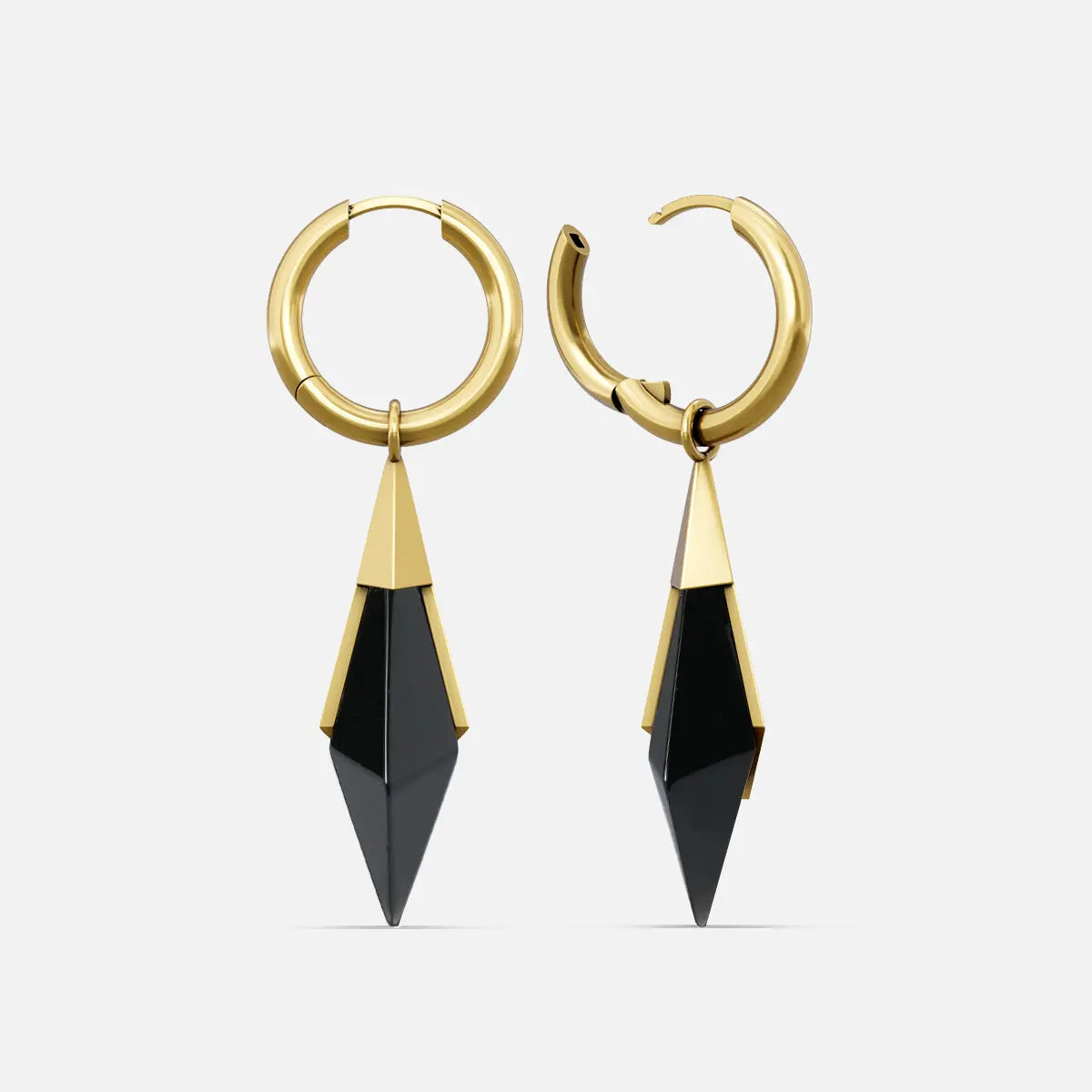 Gold Prism Apex Earrings with faceted black crystal drops, polished hoops, and symmetrical geometric silhouette on a clean background.