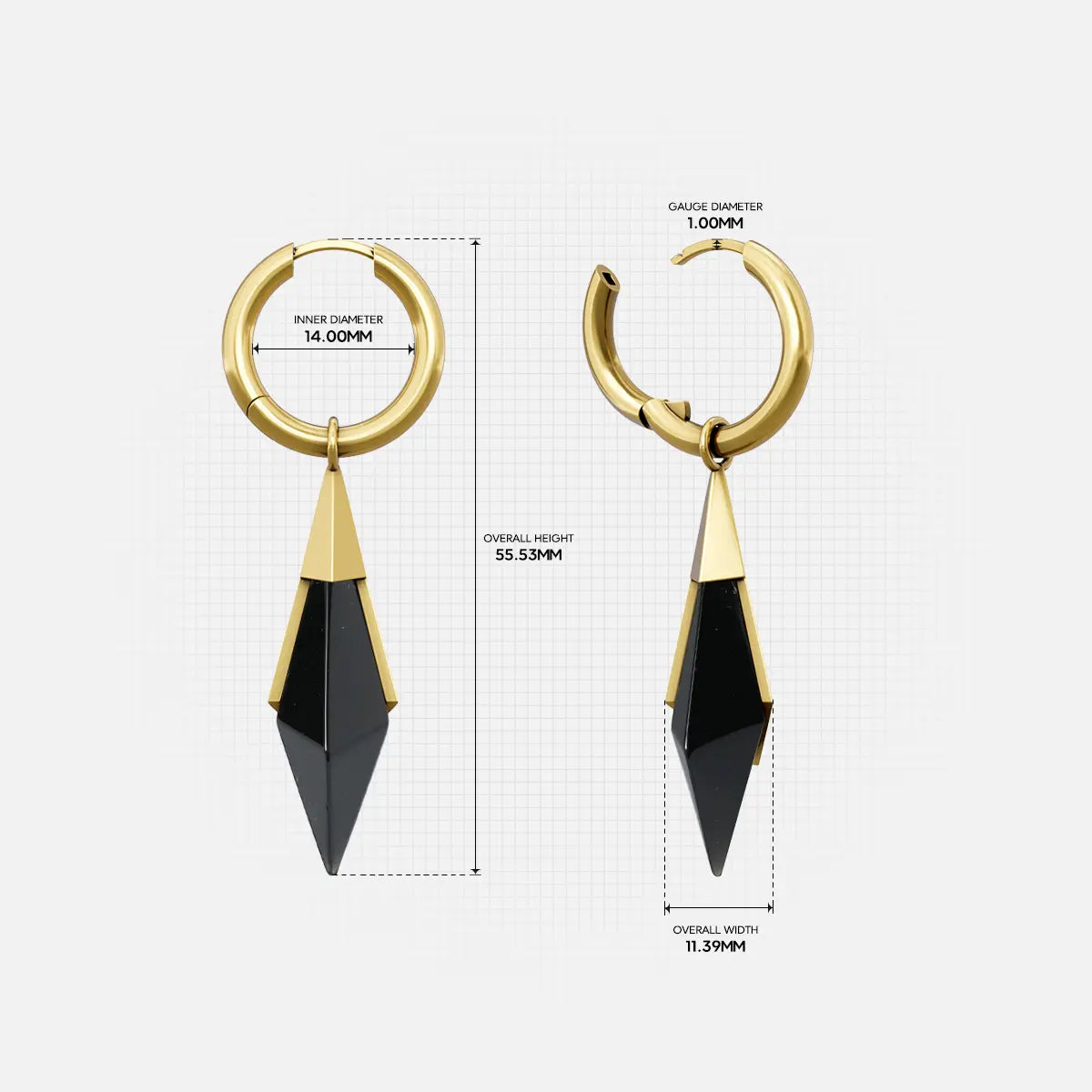 Size guide image for the gold Prism Apex Earrings, showing the hoop size, earring length, and faceted crystal drop measurements
