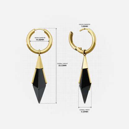 Size guide image for the gold Prism Apex Earrings, showing the hoop size, earring length, and faceted crystal drop measurements