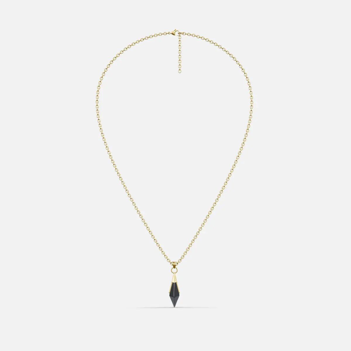 Gold-tone Prism Apex Necklace with a pointed black crystal pendant on a fine beaded chain.