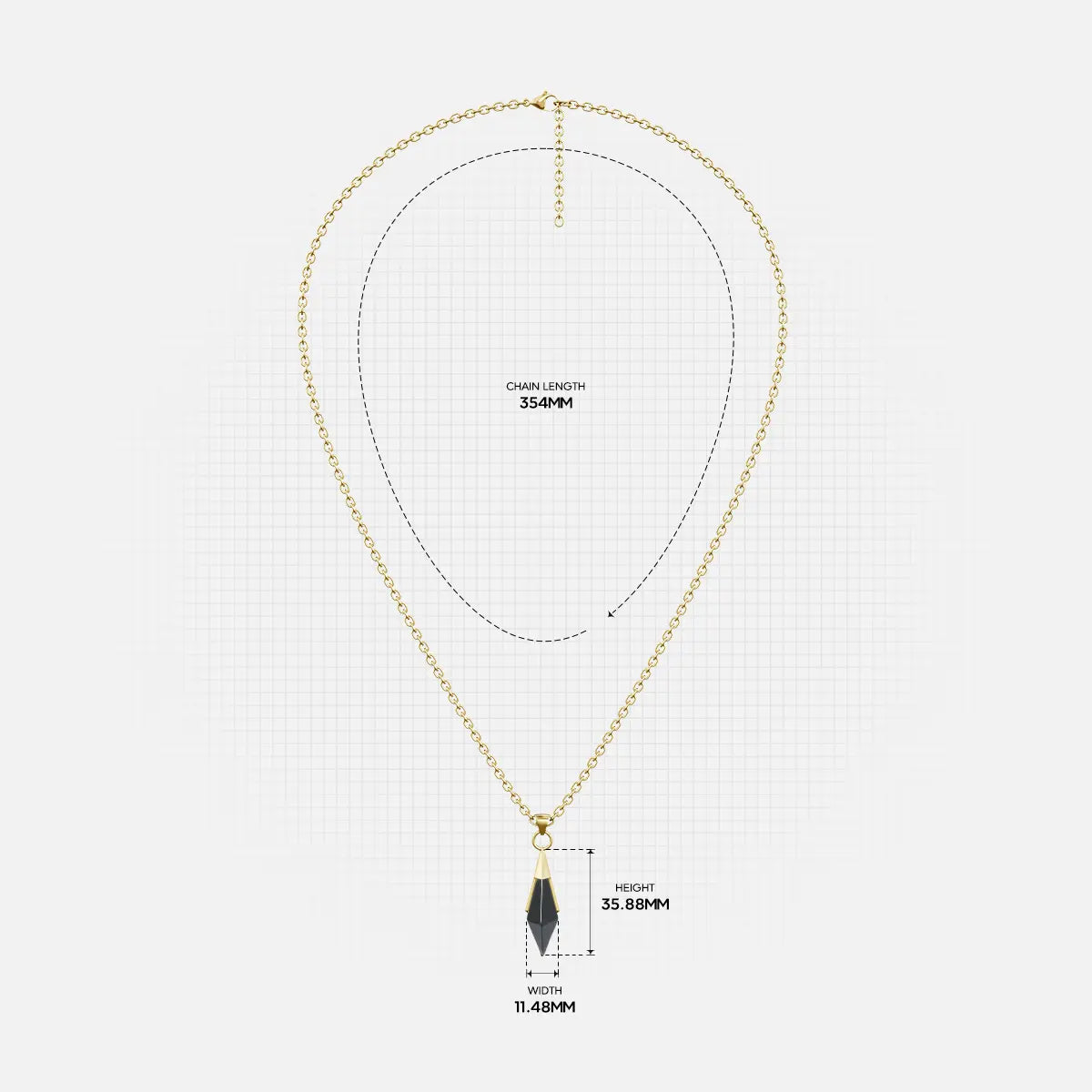 Size guide for the gold-tone Prism Apex Necklace showing the chain length and pendant dimensions.