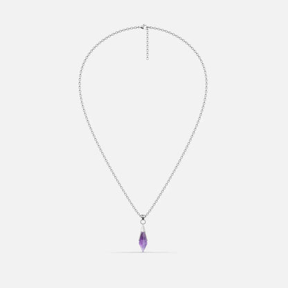 Silver-tone Prism Apex Necklace with a pointed purple crystal pendant on a fine chain, shown on a light gray background.