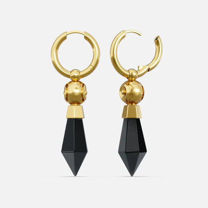 Gold Prism Orb Earrings with faceted black crystal drops, smooth spherical beads, polished hoops, and geometric prism silhouette on a clean background.