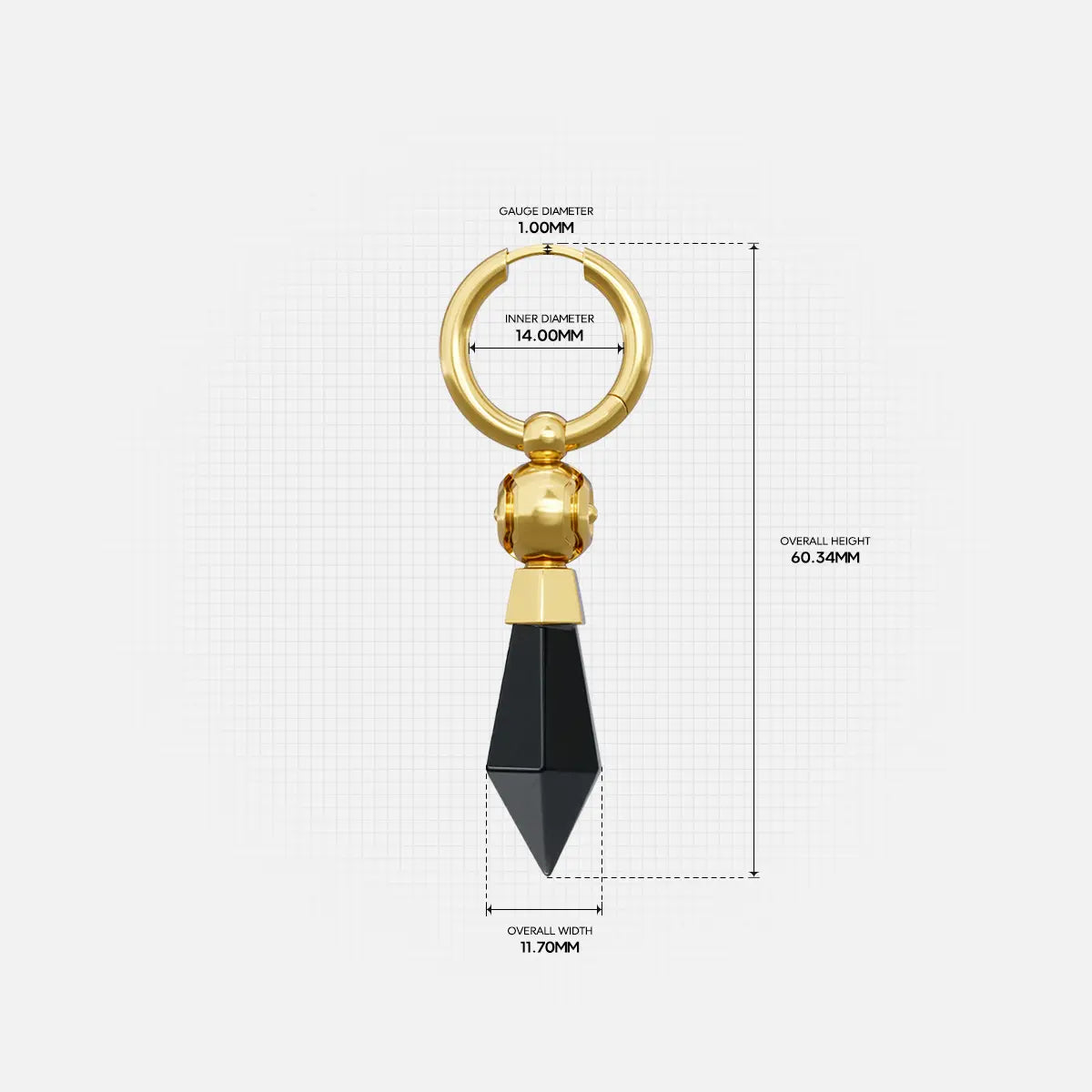 Size guide image for the gold Prism Orb Earrings, showing the hoop size, orb bead detail, earring length, and faceted crystal drop measurements.
