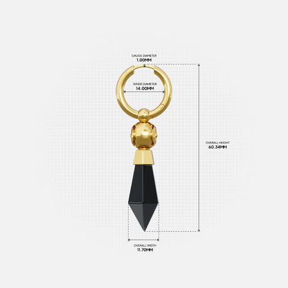 Size guide image for the gold Prism Orb Earrings, showing the hoop size, orb bead detail, earring length, and faceted crystal drop measurements.