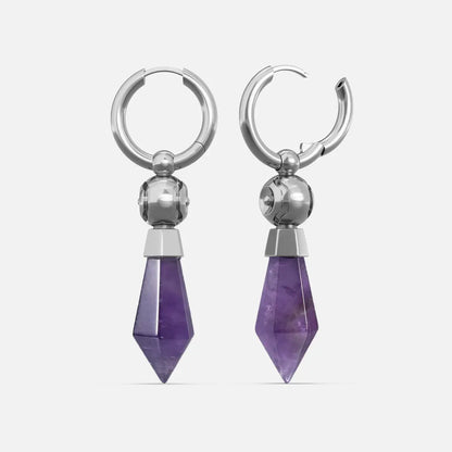Silver Prism Orb Earrings with faceted amethyst crystal drops, spherical metal beads, polished hoops, and balanced vertical silhouette on a clean background.