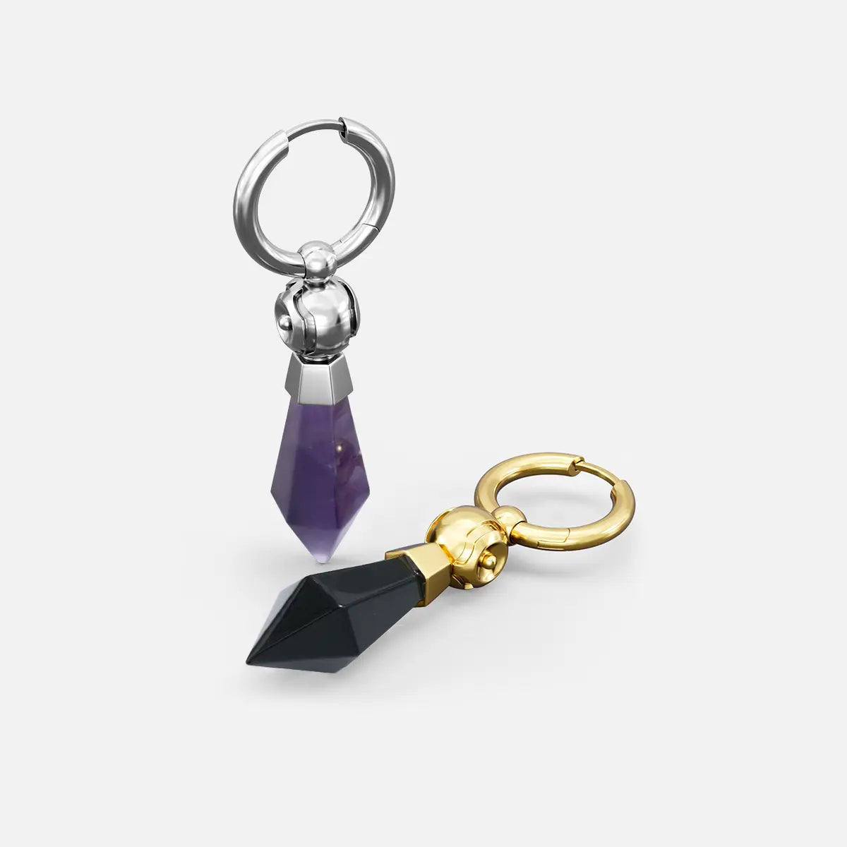 Silver and gold Prism Orb Earrings shown together, featuring faceted crystal drops, spherical bead details, and polished hoop settings.
