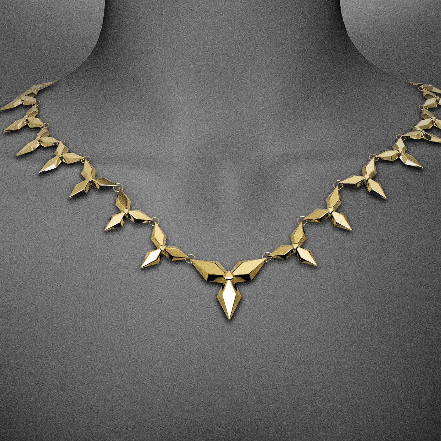 Gold-tone petal necklace with diamond link pattern worn close around the neckline