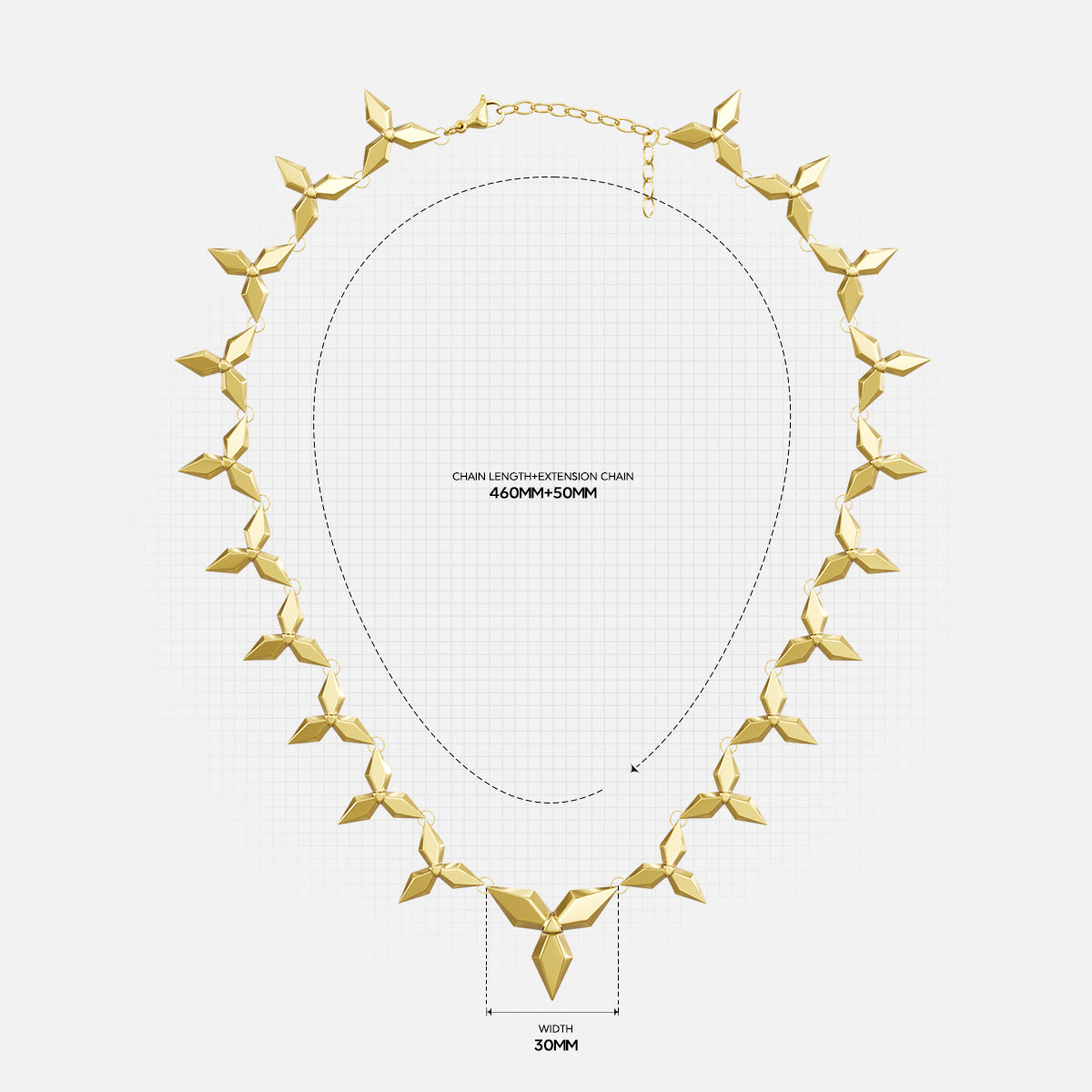 Gold Punk Petal necklace with chain length and pendant width measurements