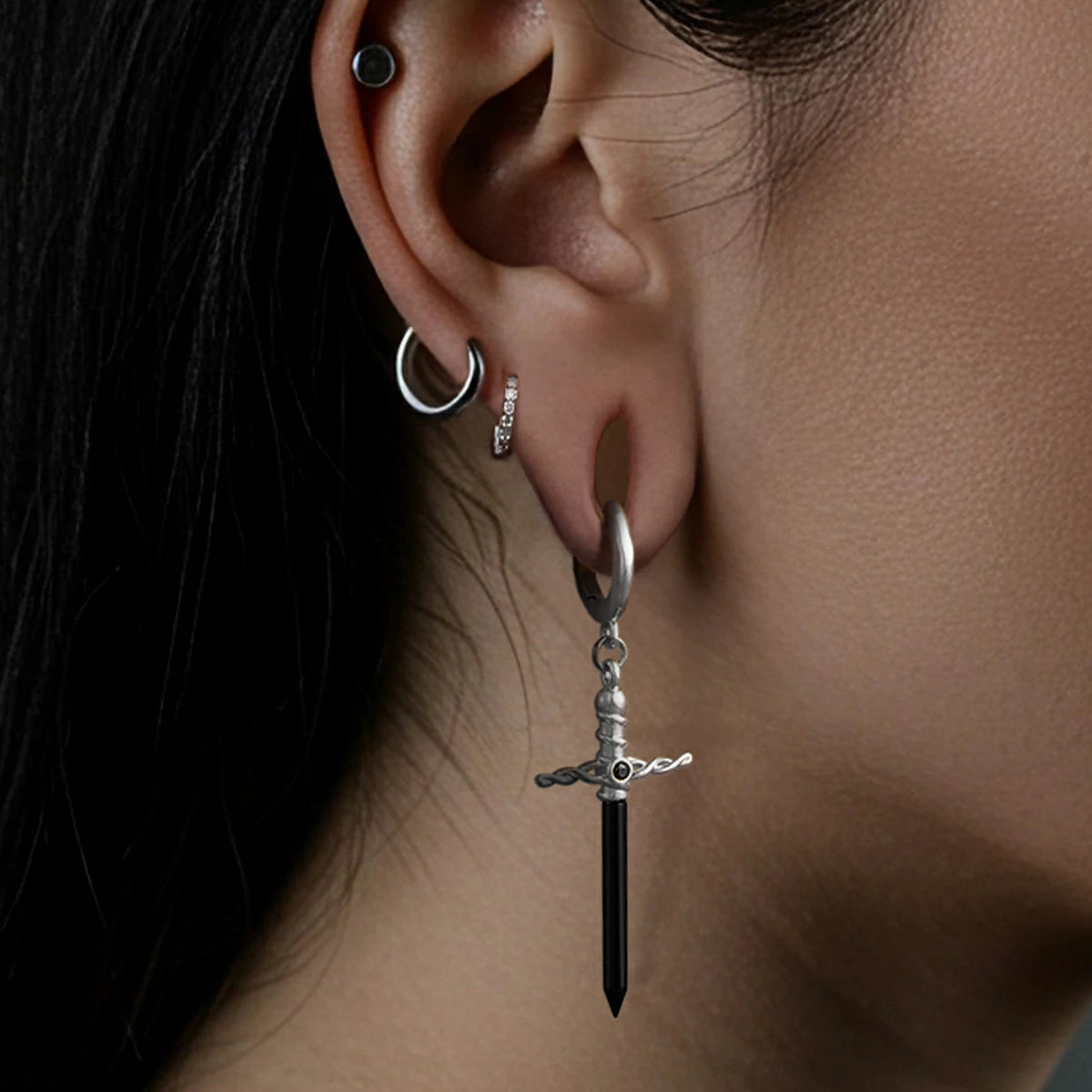 Punkyouth Arcane dagger earrings featuring black dagger pendants with wrapped hilts, product image 02