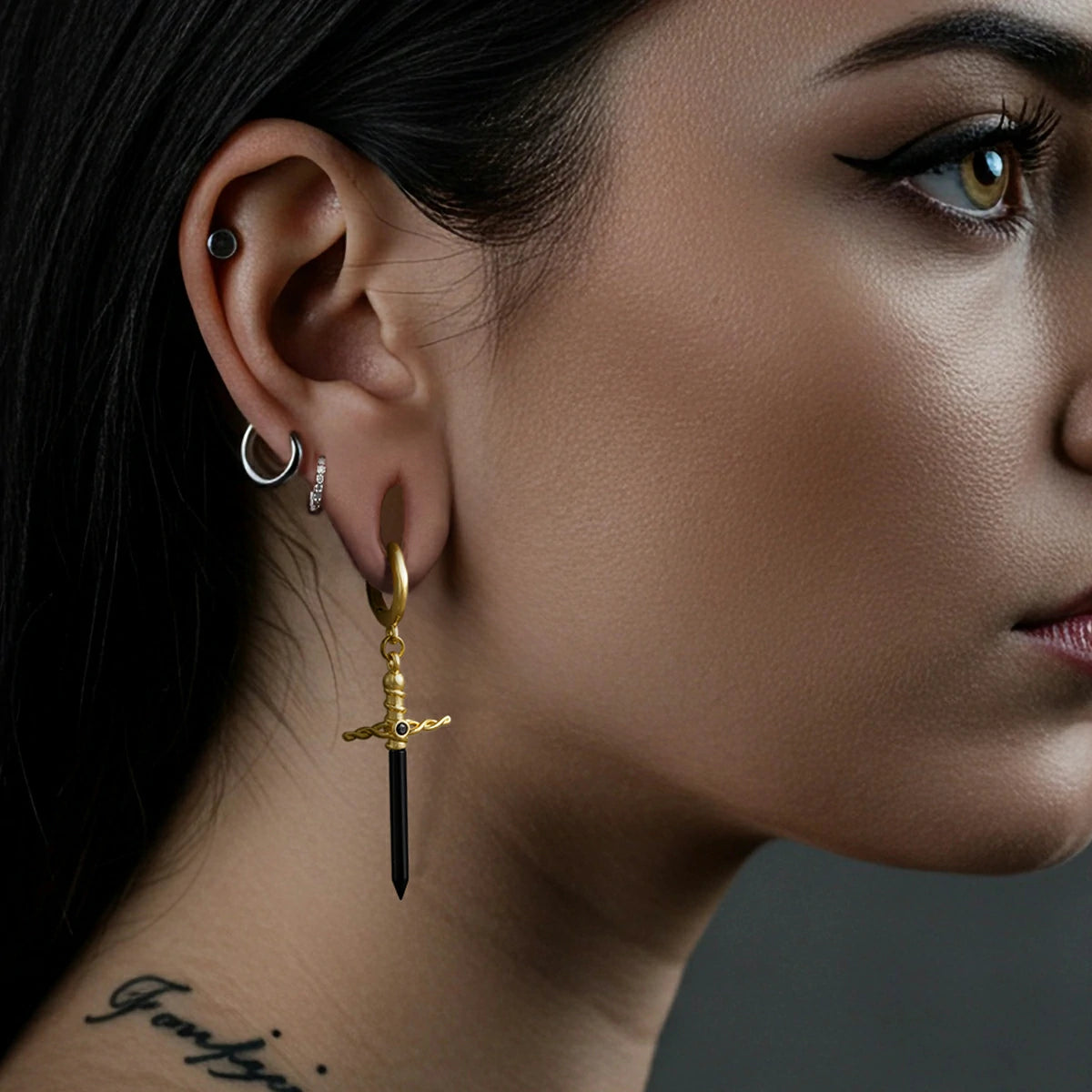 Punkyouth Arcane dagger earrings featuring black dagger pendants with wrapped hilts, product image 06
