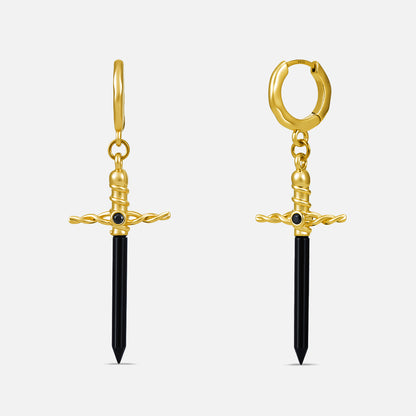 Punkyouth Arcane dagger earrings in gold, featuring black dagger pendants with wrapped hilts
