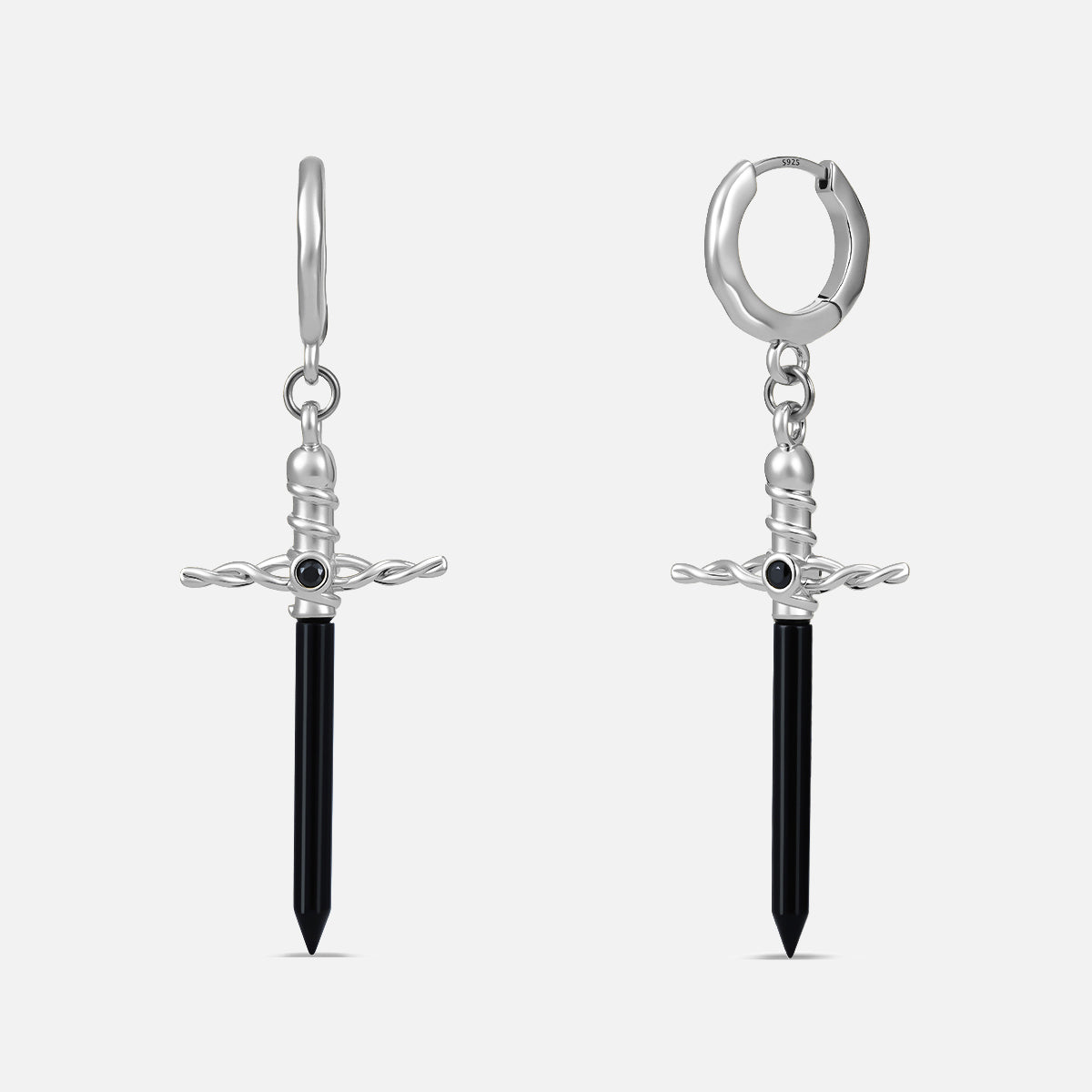 Punkyouth Arcane dagger earrings in silver, featuring black dagger pendants with wrapped hilts