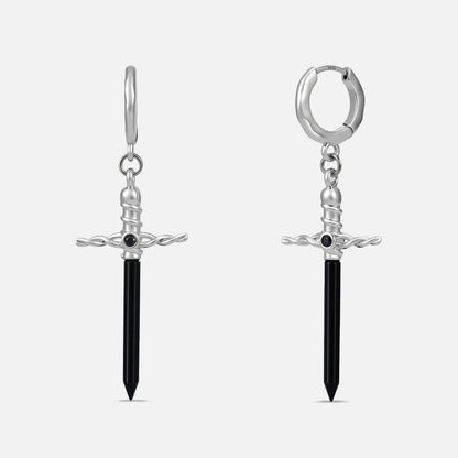 Punkyouth Arcane dagger earrings in silver, featuring black dagger pendants with wrapped hilts