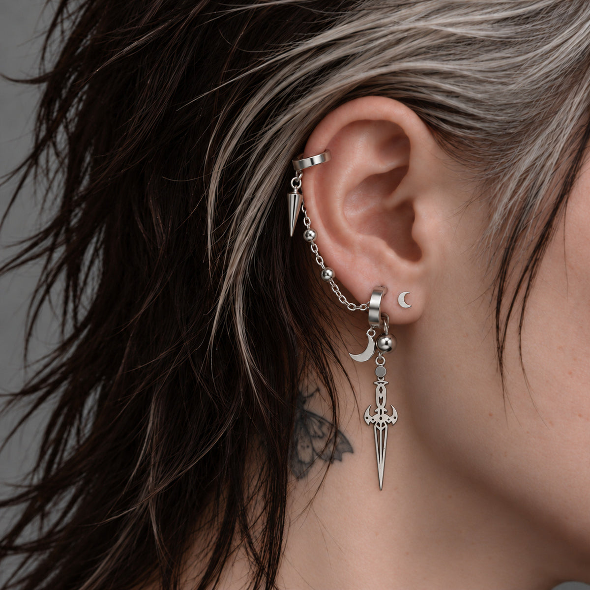 Silver-tone PUNKYOUTH ear styling featuring Moonblade Chain Earring Set. Individual pieces are separate products.