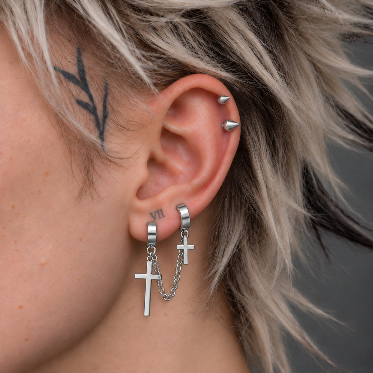 Silver-tone PUNKYOUTH ear styling featuring Linked Cross Double Hoop Earring. Individual pieces are separate products.