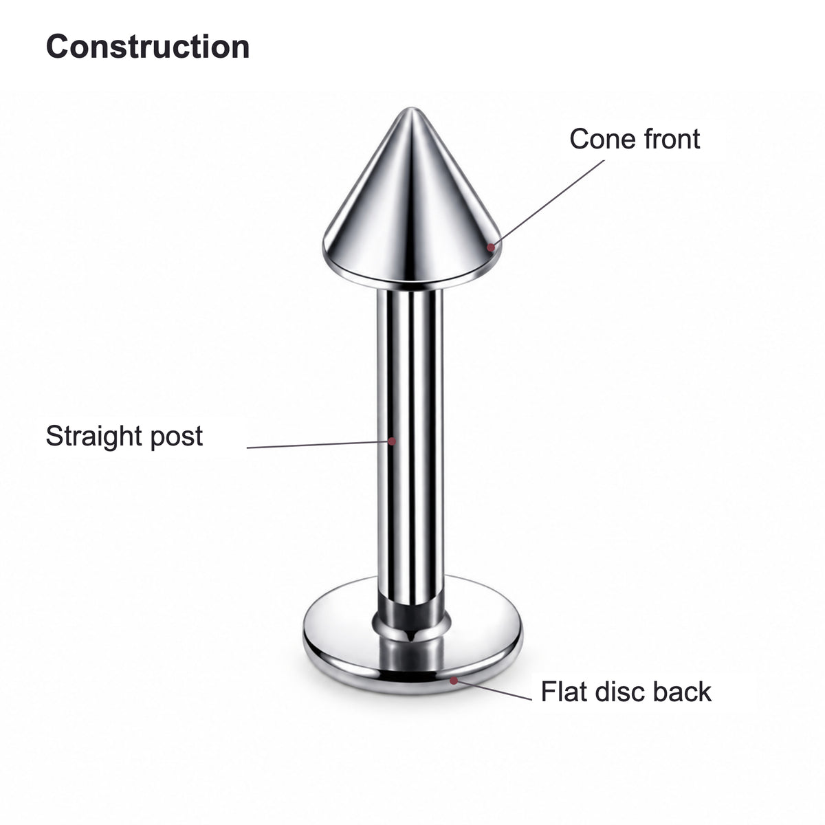 Vertex Titanium Spike Flatback Stud with labels identifying its visible front, post or pin, and back or hinge.
