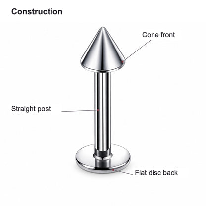 Vertex Titanium Spike Flatback Stud with labels identifying its visible front, post or pin, and back or hinge.