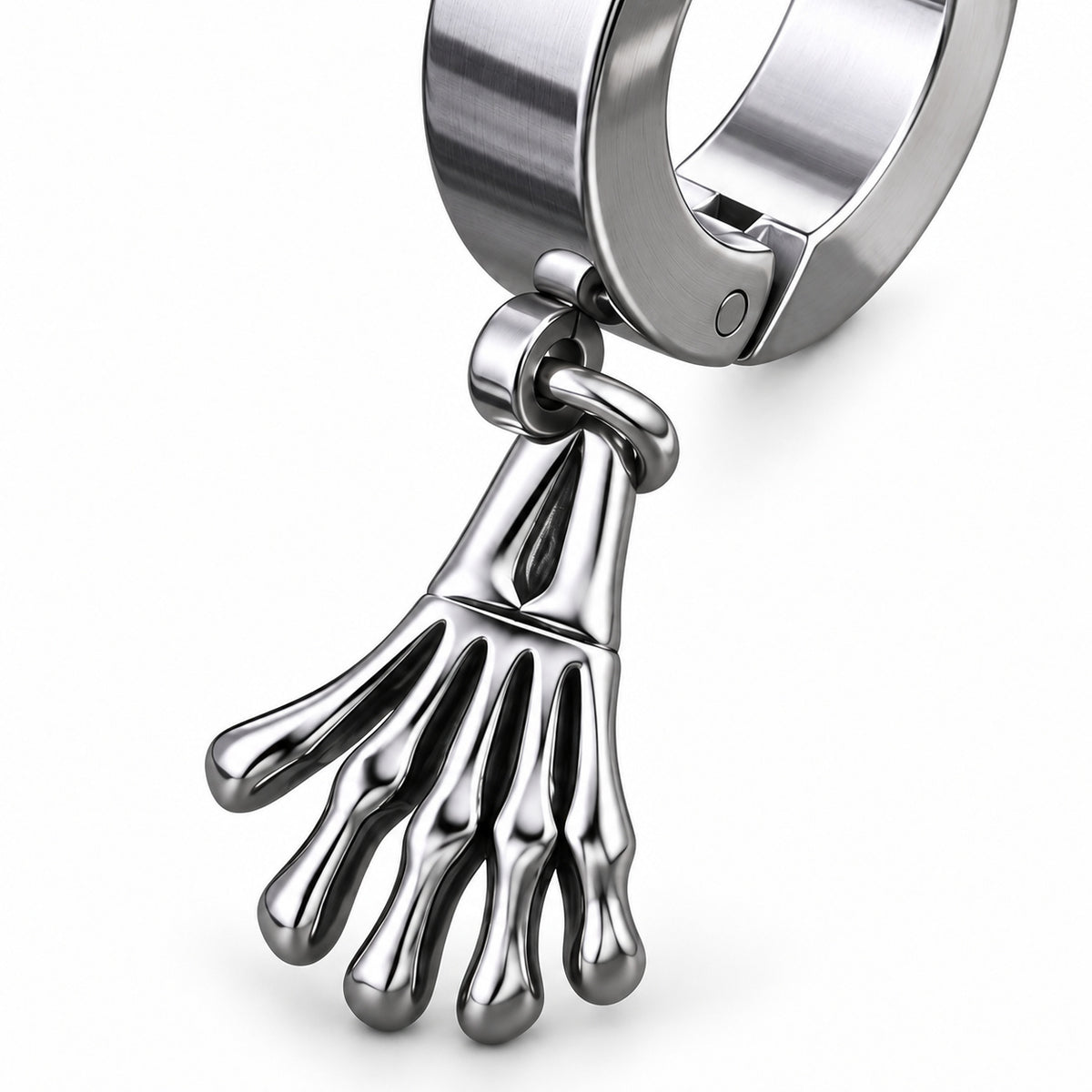 Skeletal Hand Hoop Earring close detail of the original design.