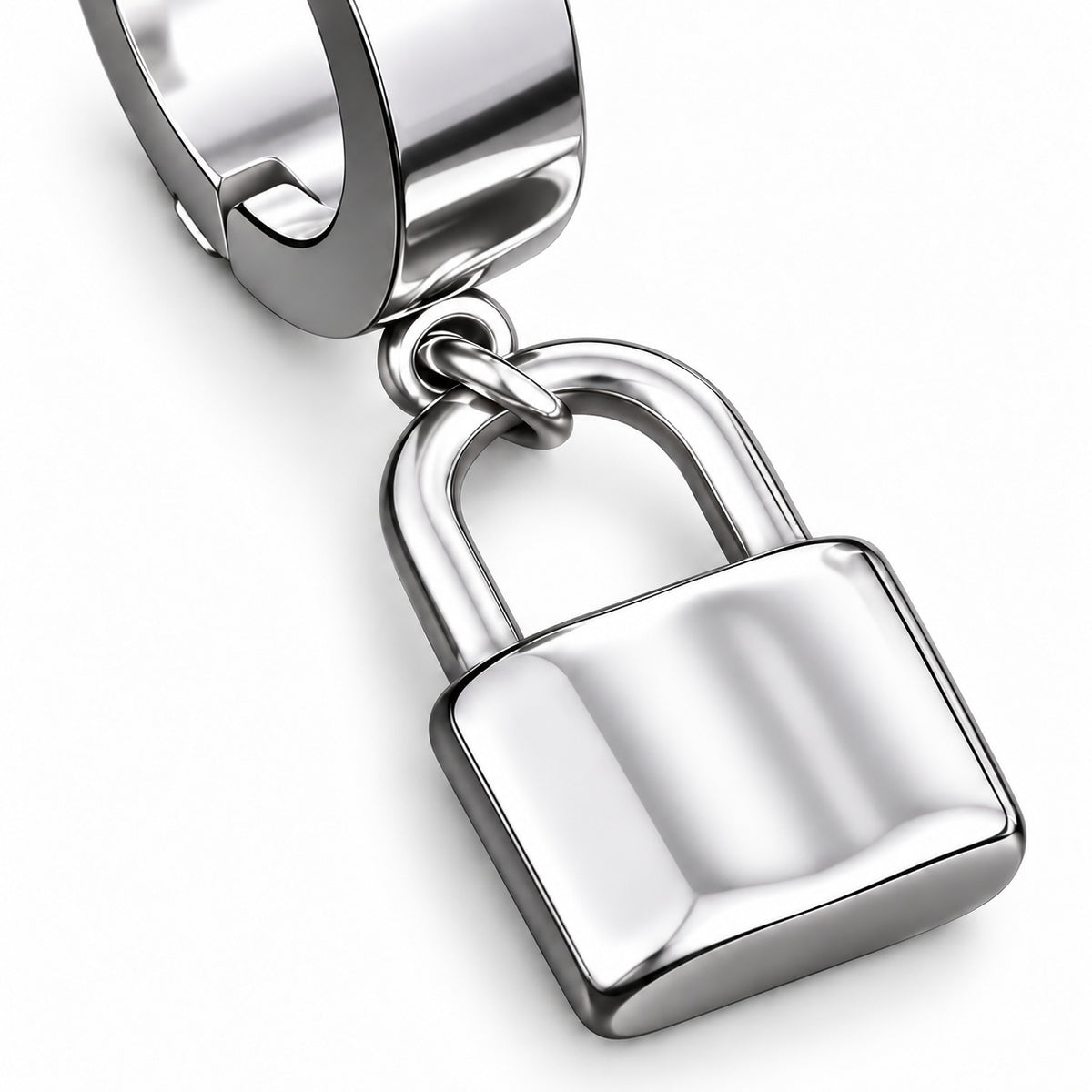 Lockbound Padlock Hoop Earring close detail of the original design.