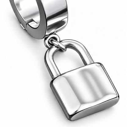 Lockbound Padlock Hoop Earring close detail of the original design.