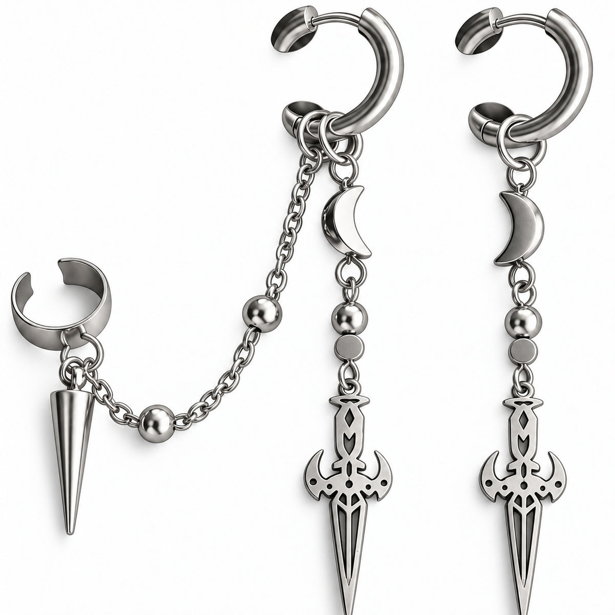 Moonblade Chain Earring Set close detail of the original design.