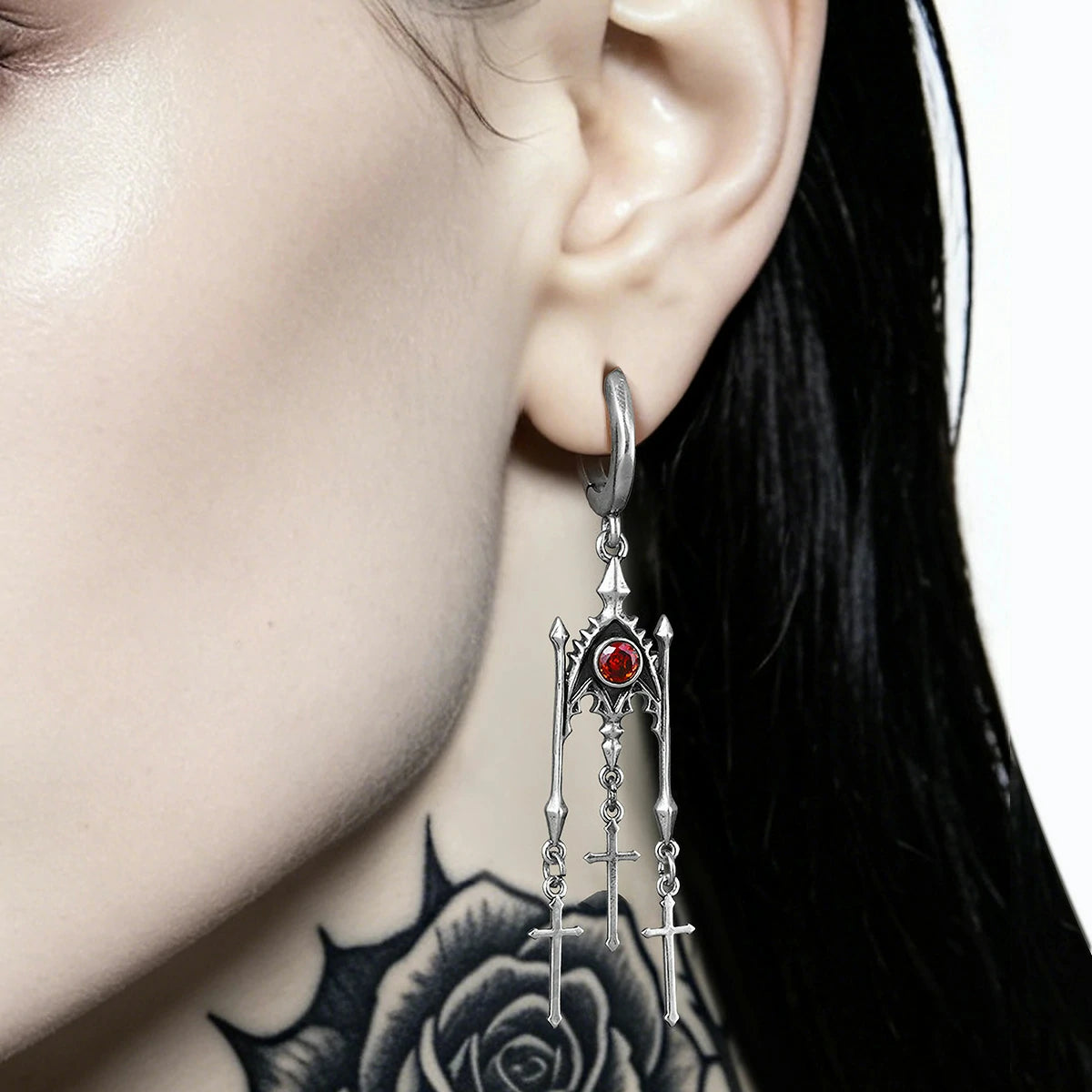Punkyouth Crimson altar earrings featuring red cubic zirconia and three dangling cross pendants, product image 02