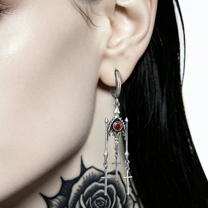 Punkyouth Crimson altar earrings featuring red cubic zirconia and three dangling cross pendants, product image 02