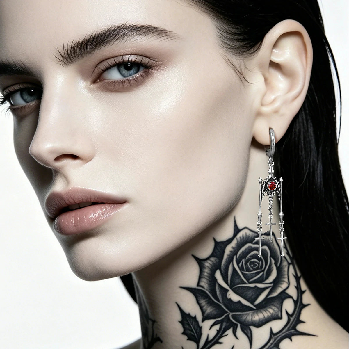 Punkyouth Crimson altar earrings featuring red cubic zirconia and three dangling cross pendants, product image 03
