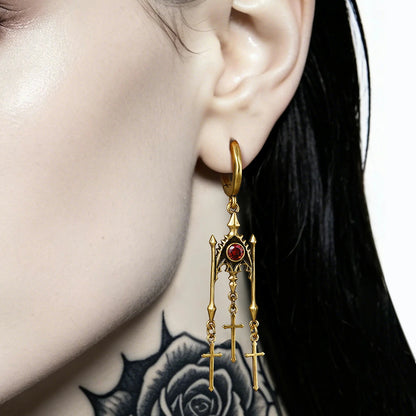 Punkyouth Crimson altar earrings featuring red cubic zirconia and three dangling cross pendants, product image 05
