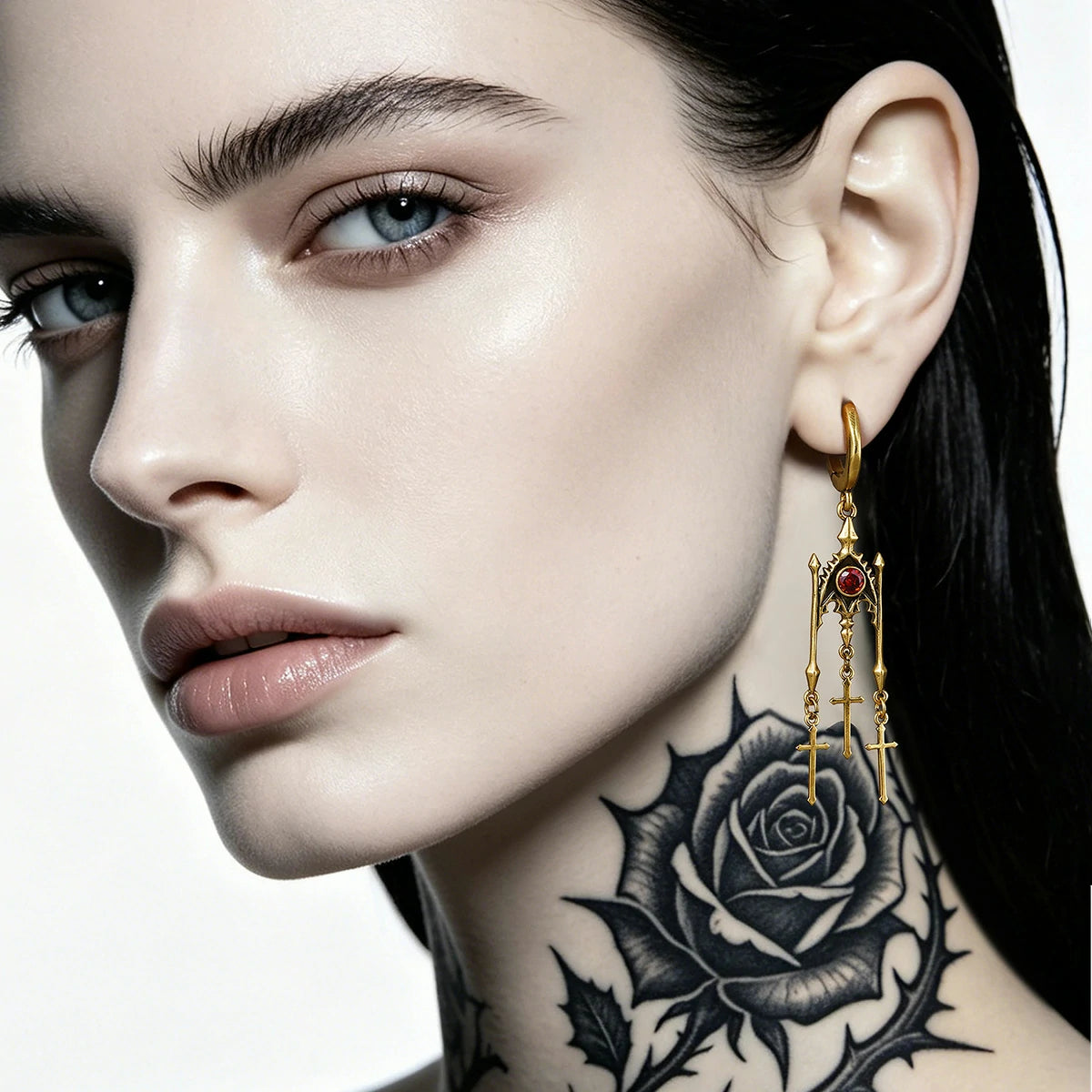 Punkyouth Crimson altar earrings featuring red cubic zirconia and three dangling cross pendants, product image 06
