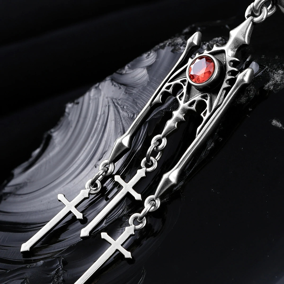 Punkyouth Crimson altar earrings featuring red cubic zirconia and three dangling cross pendants, product image 07