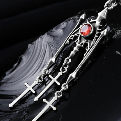 Punkyouth Crimson altar earrings featuring red cubic zirconia and three dangling cross pendants, product image 07