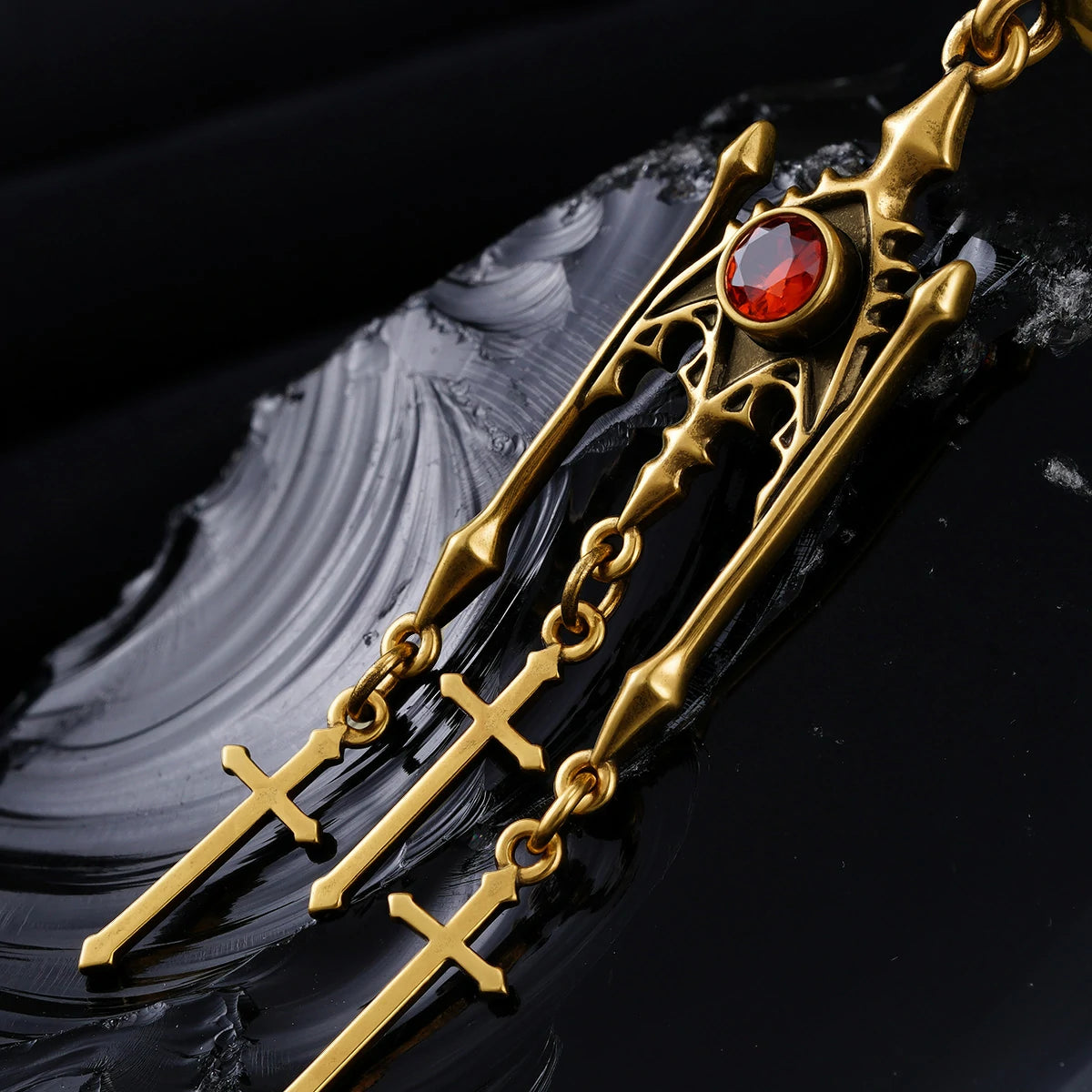 Punkyouth Crimson altar earrings featuring red cubic zirconia and three dangling cross pendants, product image 08
