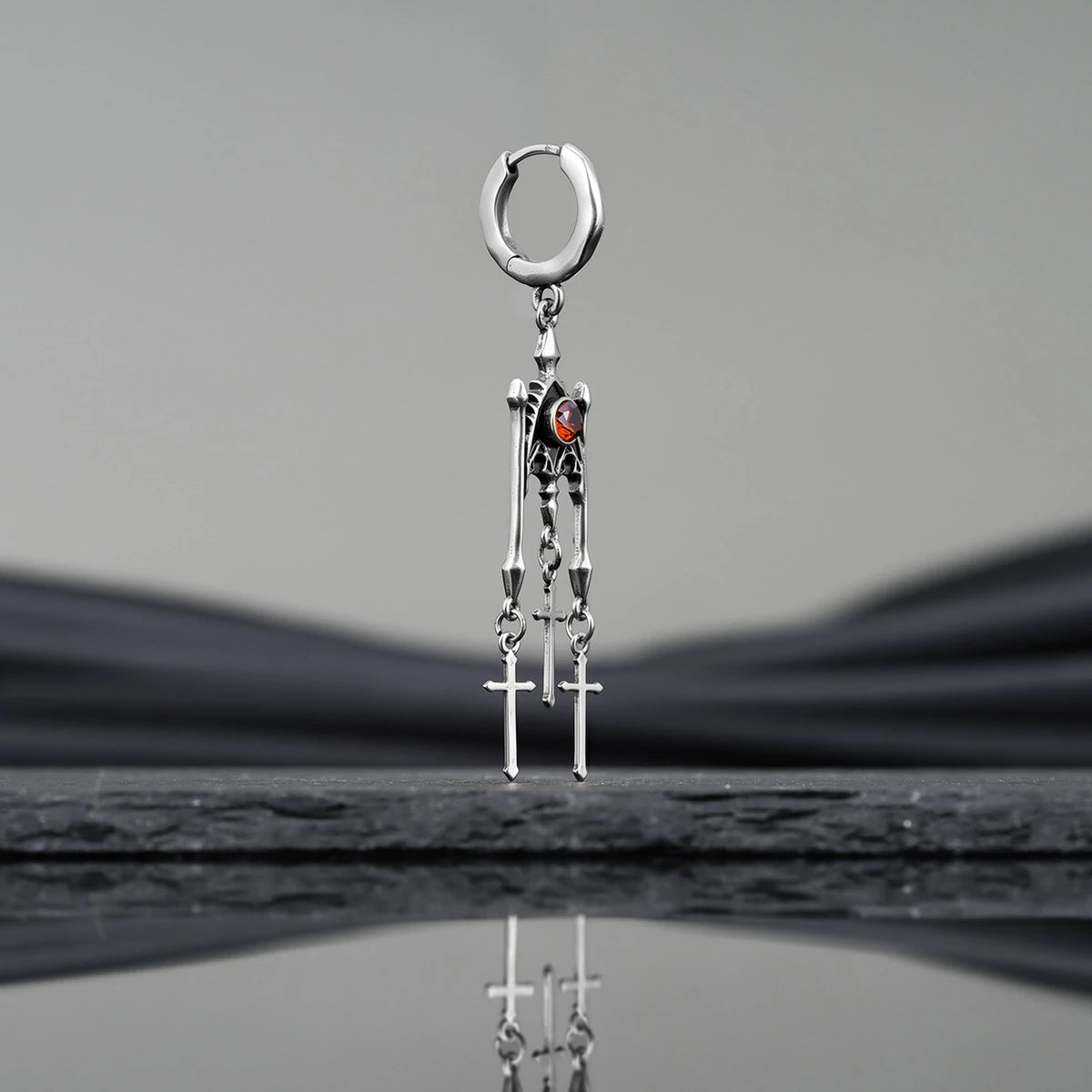 Punkyouth Crimson altar earrings featuring red cubic zirconia and three dangling cross pendants, product image 09