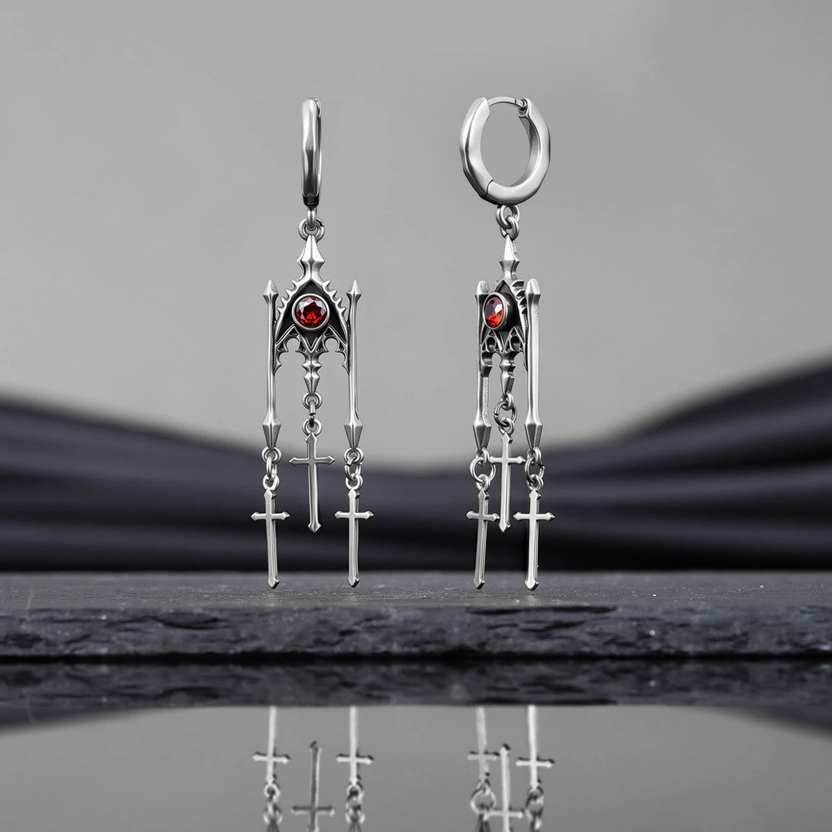 Punkyouth Crimson altar earrings featuring red cubic zirconia and three dangling cross pendants, product image 10