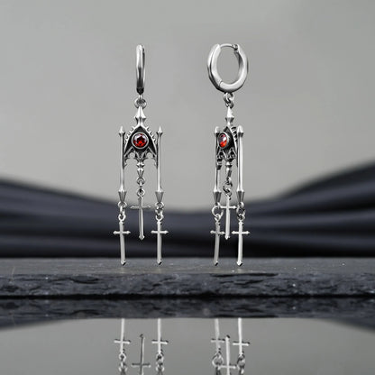 Punkyouth Crimson altar earrings featuring red cubic zirconia and three dangling cross pendants, product image 10