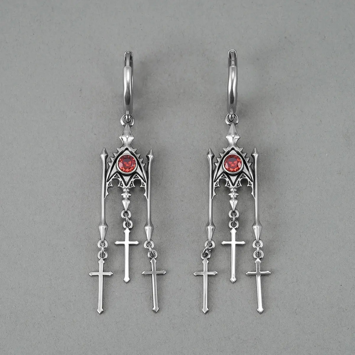 Punkyouth Crimson altar earrings featuring red cubic zirconia and three dangling cross pendants, product image 11