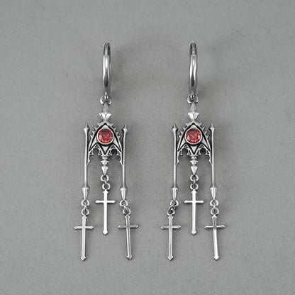 Punkyouth Crimson altar earrings featuring red cubic zirconia and three dangling cross pendants, product image 11