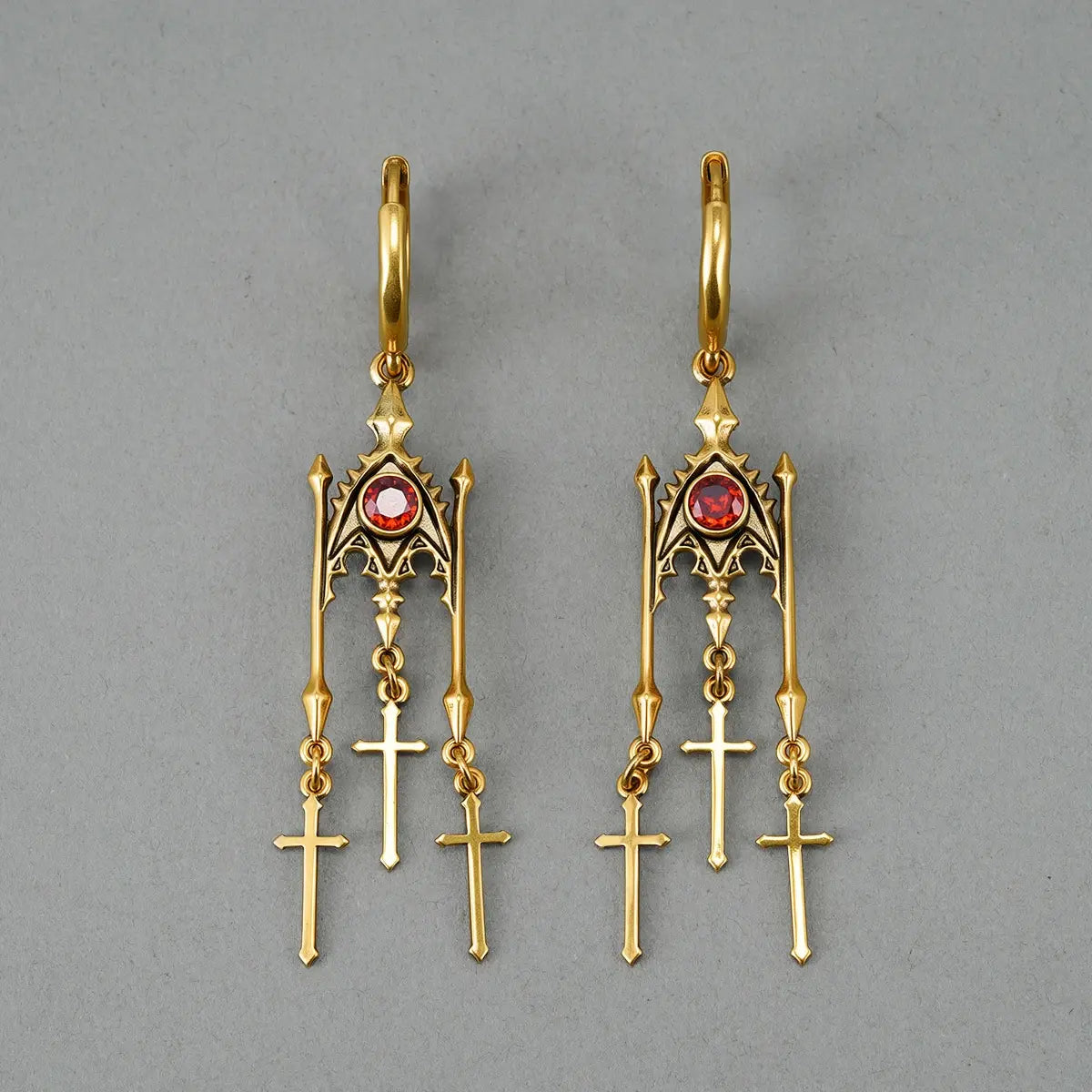 Punkyouth Crimson altar earrings featuring red cubic zirconia and three dangling cross pendants, product image 12