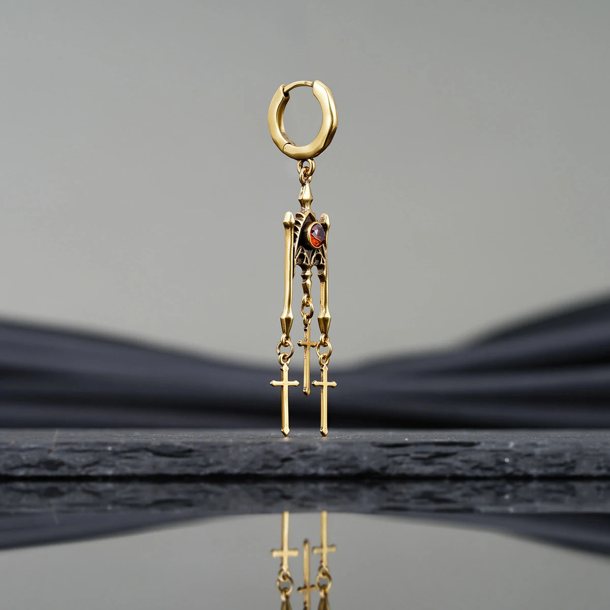 Punkyouth Crimson altar earrings featuring red cubic zirconia and three dangling cross pendants, product image 13